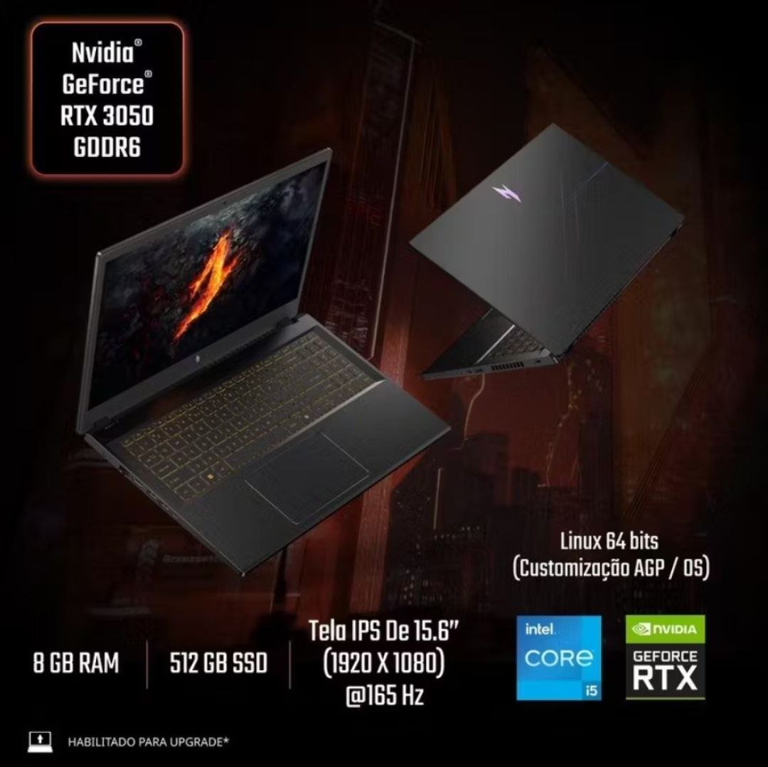 Notebook Gamer Acer Nitro V15 - Core i5-13420H - 512 GB SSD - 8GB RAM - RTX 3050 - Tela 15.6" - Linux + Ubook Kit 20 Livros Digitais 🖥️🎮
