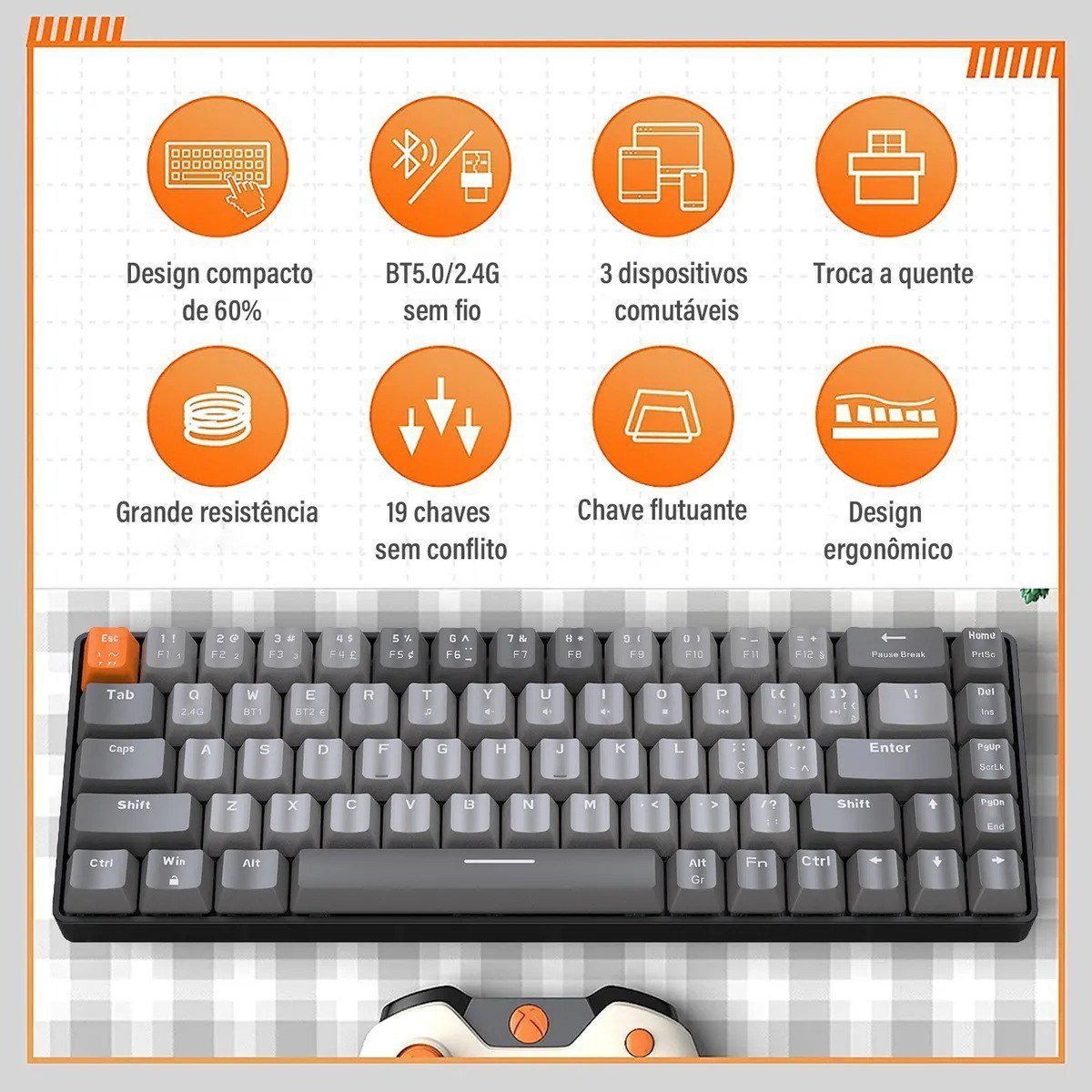 Teclado Mecânico Gamer Sem Fio Wolf Liberty K68 Hotswap RGB Switch Red 🔥🔥🛒