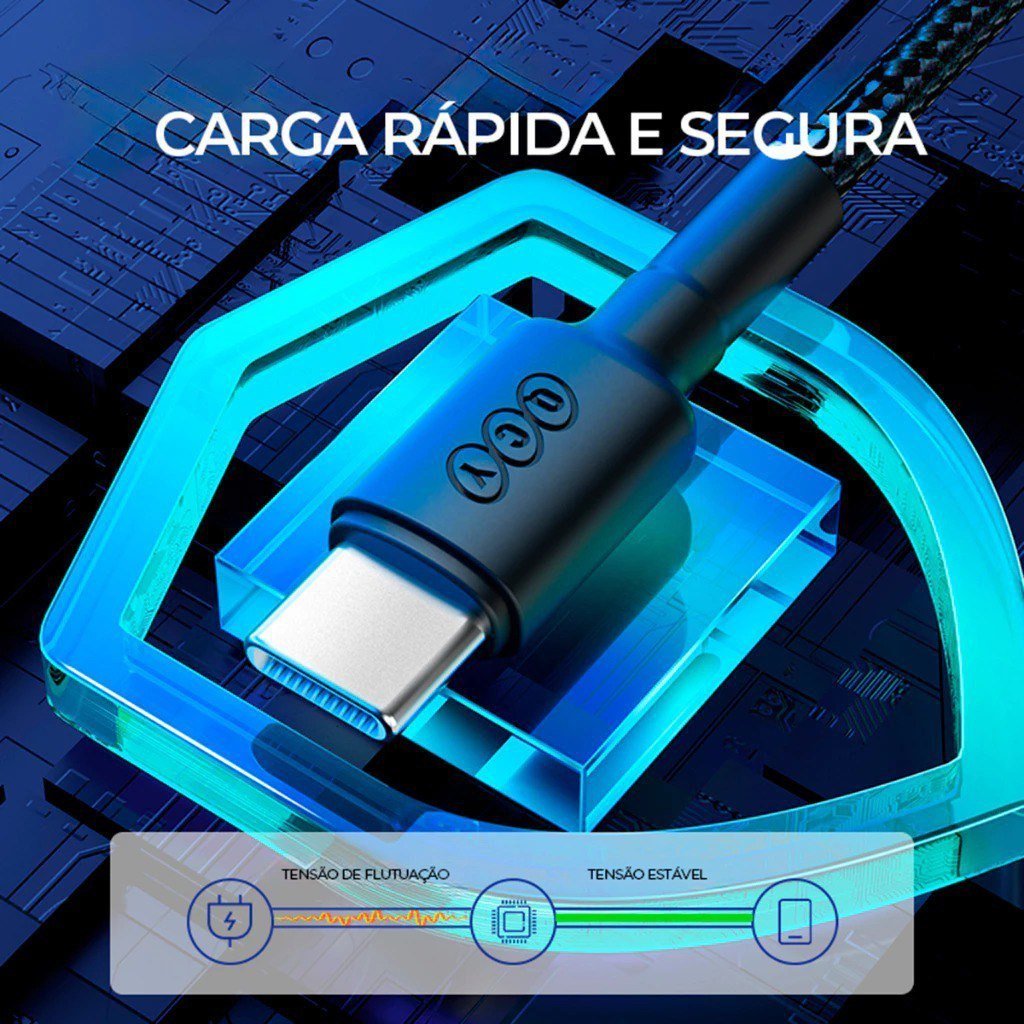 Cabo tipo-c PD 60W QCY 1 Metro, Carregamento rápido, Turbo, Nylon reforçado, 480mps de Transferência 🛒