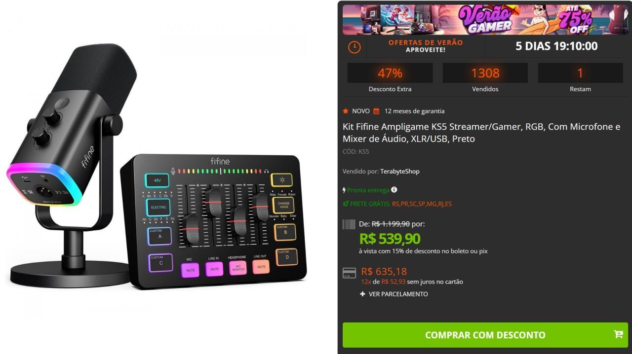 Kit FIFINE AmpliGame KS5 Streamer Gamer RGB Microfone + Mixer de Áudio XLr/USB – Preto 🎤🎮