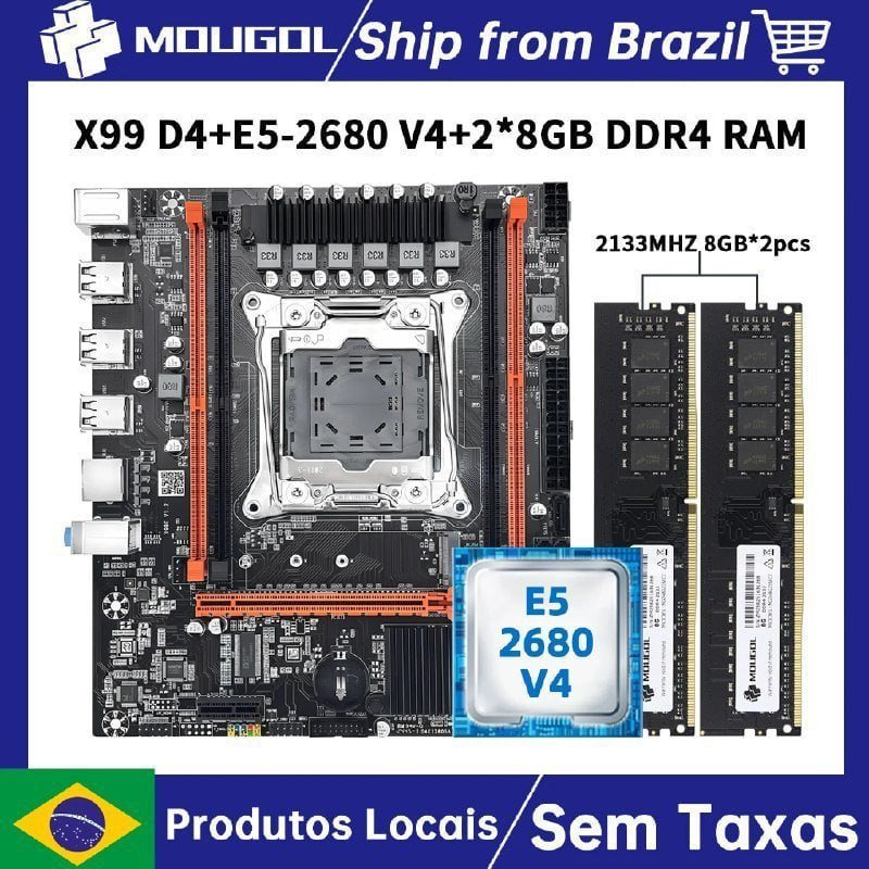 Kit MOUGOL X99 + processador Intel Xeon E5 2680 V4 + memórias DDR4 8Gx2