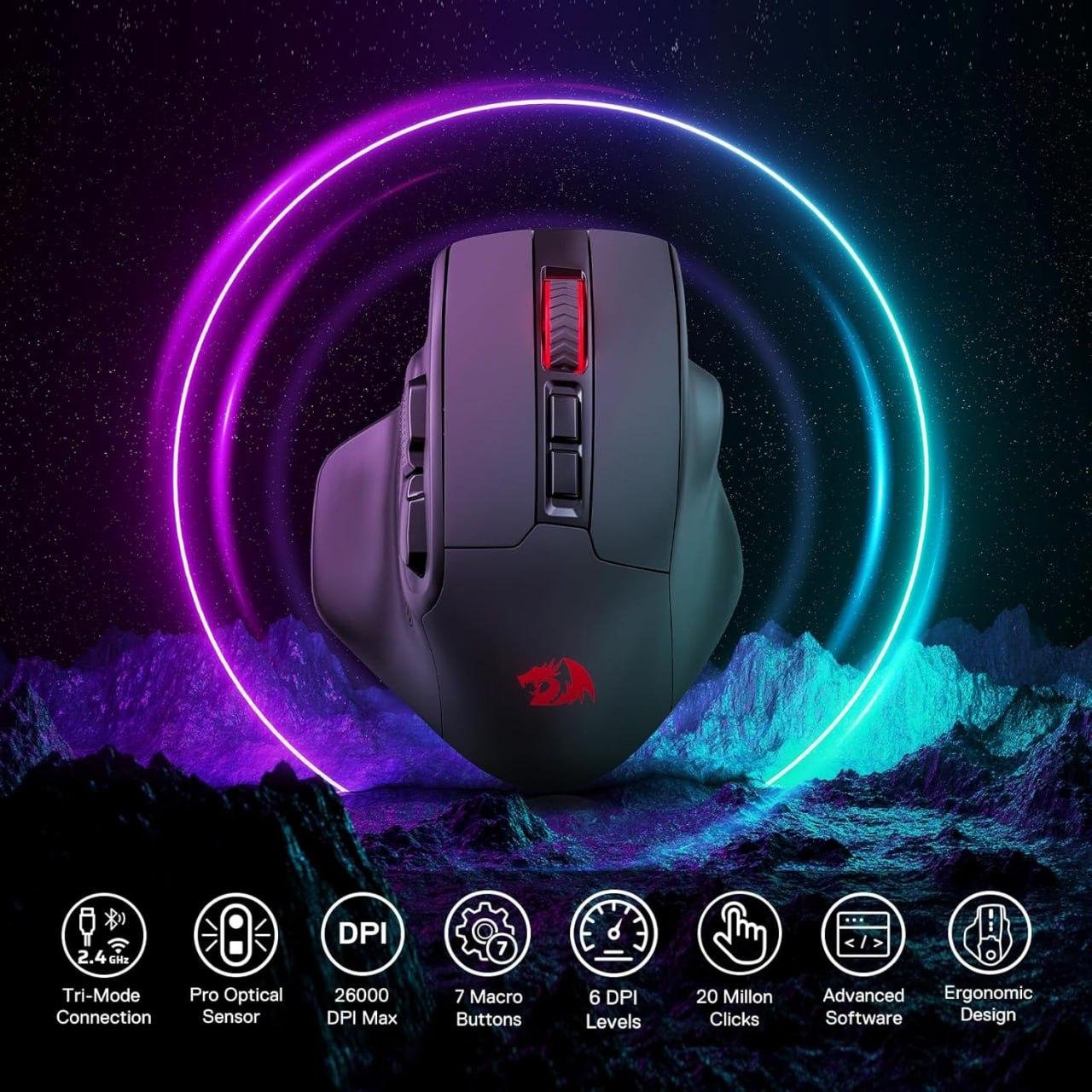 Mouse Gamer Redragon Bullseye Pro, Wireless 2.4GHz Cabo ou Bluetooth, RGB, 7 Botões, 26000DPI, Preto - M806RGB-PRO 🖱️🎮