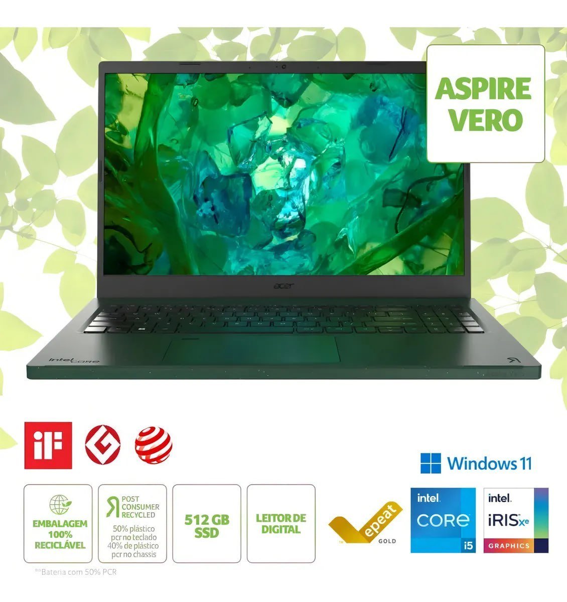 Notebook Acer Vero AV15-53P-56HM Intel® Core™ i5 – 1335U 15.6” Full HD Intel® Iris® Xe 512 GB SSD 8 GB RAM Windows 11 Home 🖥️