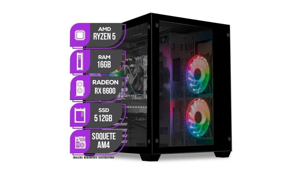 PC Gamer Mancer, AMD RYZEN 5 5500, RX 6600 8GB, 16GB DDR4, SSD M.2 512GB, Fonte 500W 80 Plus