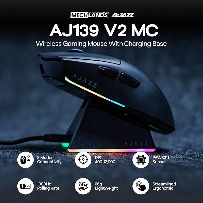 Mouse Sem Fio Com Dock Ajazz AJ139 V2 Series PAW 3311 500mAh Micro Switch Huano Tri Mode 🖱️🔋