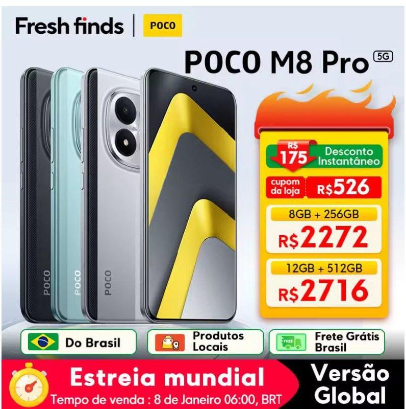 POCO M8 Pro 5G Smartphone Versão Global NFC Snapdragon® 7s Gen 4 6500mAh 100W HyperCharge 6.83" exibição 120Hz 🛒📱
