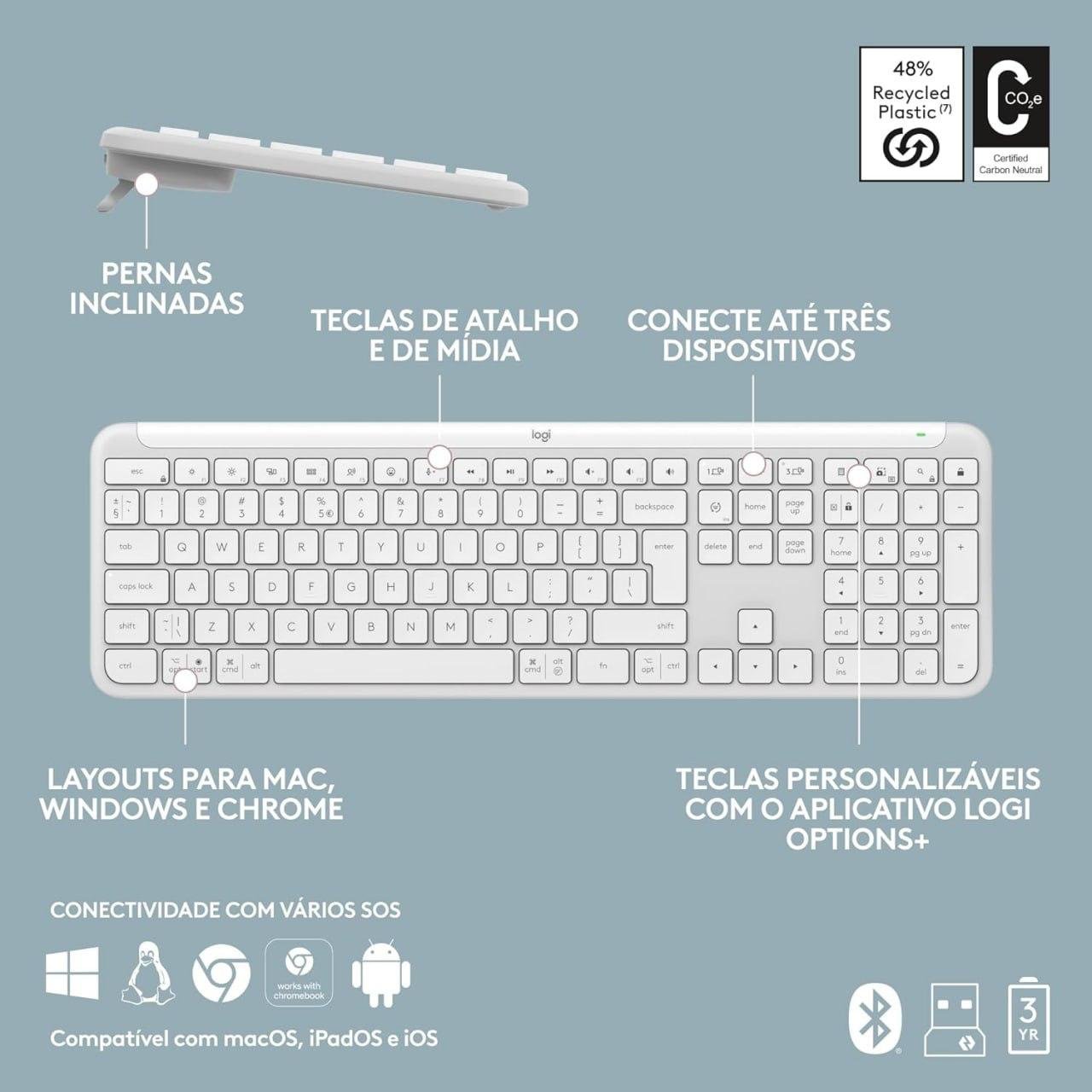 Teclado sem fio Logitech Signature Slim K950 Com Easy-Switch para até 3 dispositivos, Digitação Silenciosa, Conexão Bluetooth ou Receptor USB Logi Bolt Incluso e Layout US INTL - Branco ⌨️