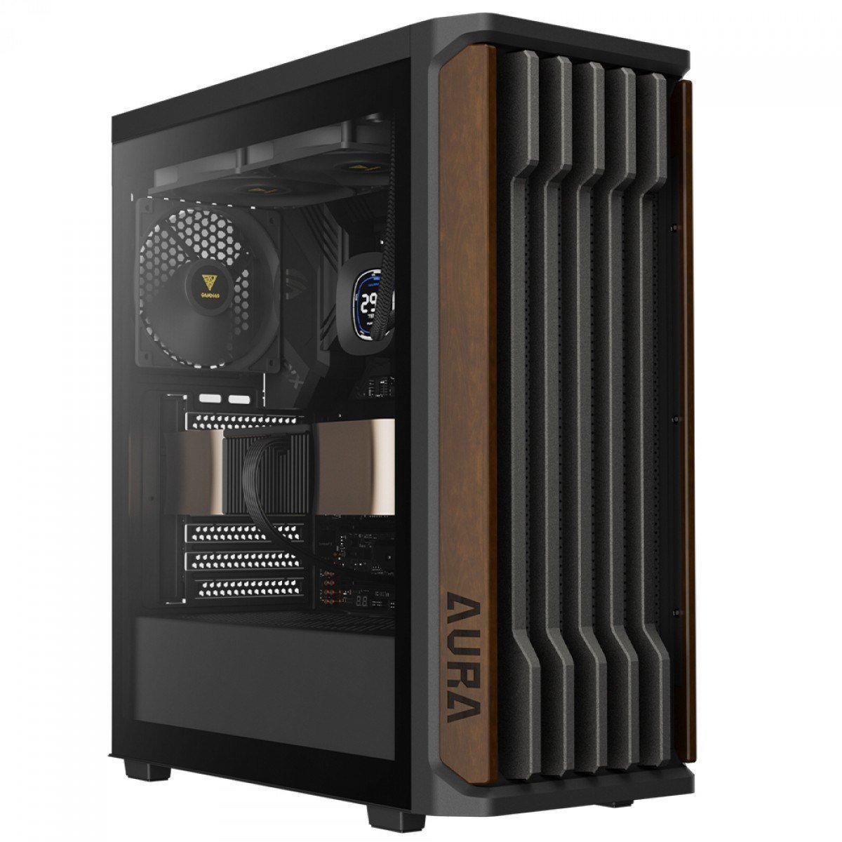Gabinete Gamer GAMDIAS AURA GC11 Wood Mid Tower – Vidro Temperado, ATX, 4 Fans (Madeira Nogueira, Preto) 🖥️🎮