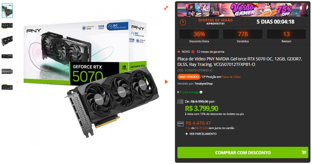 Placa de Vídeo PNY NVIDIA GeForce RTX 5070 OC, 12GB, GDDR7, DLSS, Ray Tracing 🖥️🎮