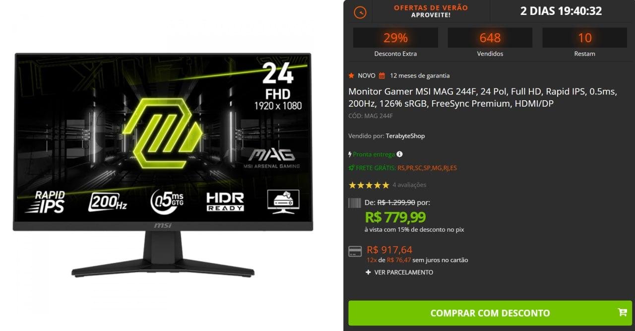Monitor Gamer MSI MAG 24" Full HD, Rapid IPS, 0.5ms, 200Hz, 126% sRGB 🖥️🎮