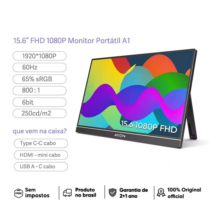 Monitor Portátil ARZOPA A1 15.6" IPS 60hz portátil 🇧🇷🖥️