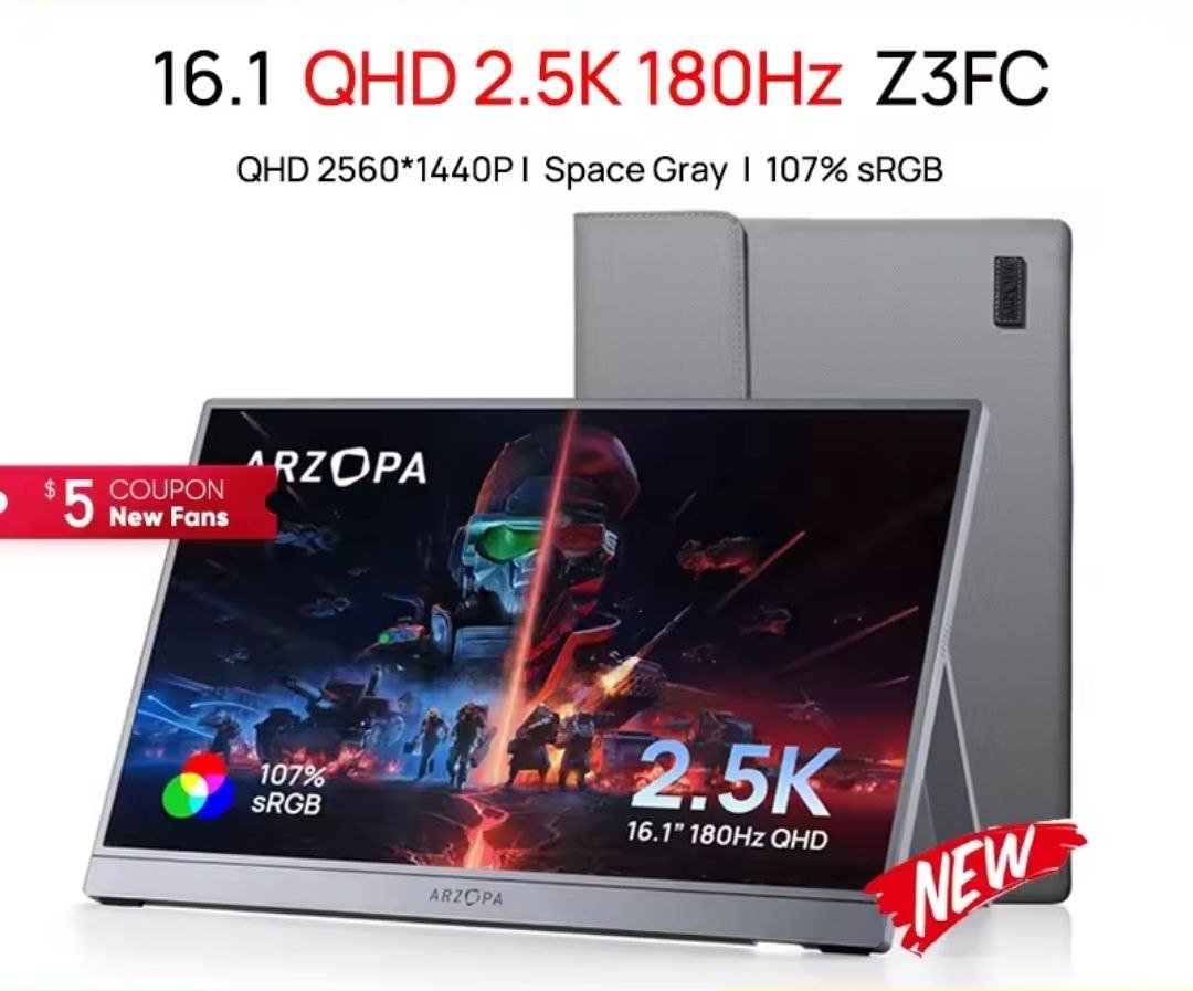 Monitor portátil ARZOPA Z3FC | 16,1 polegadas | 180 Hz | QHD 2.5 K | 107% sRGB | Cinza 🖥️🛒