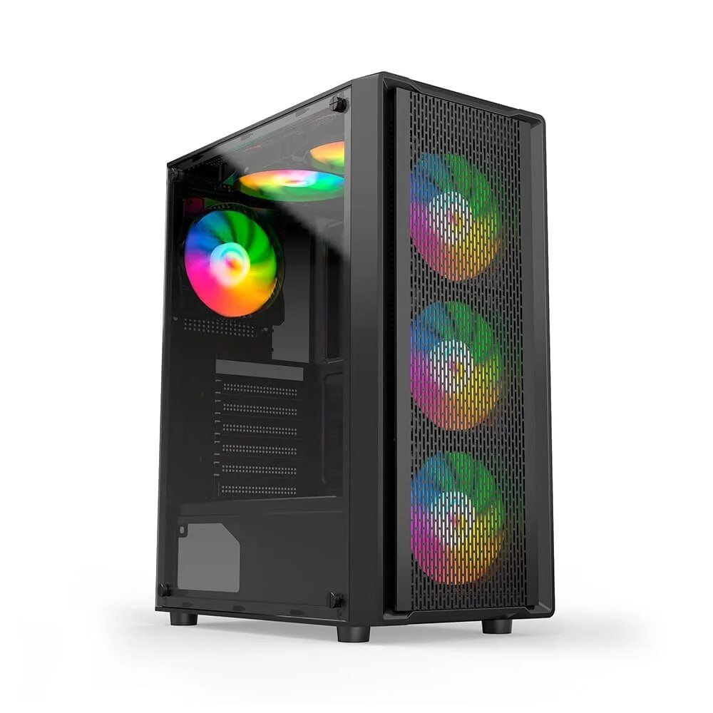 Gabinete Liketec Hurricane, Frontal Mesh, Mid Tower, Lateral em Vidro, 3x Fan Rainbow 🖥️🌈