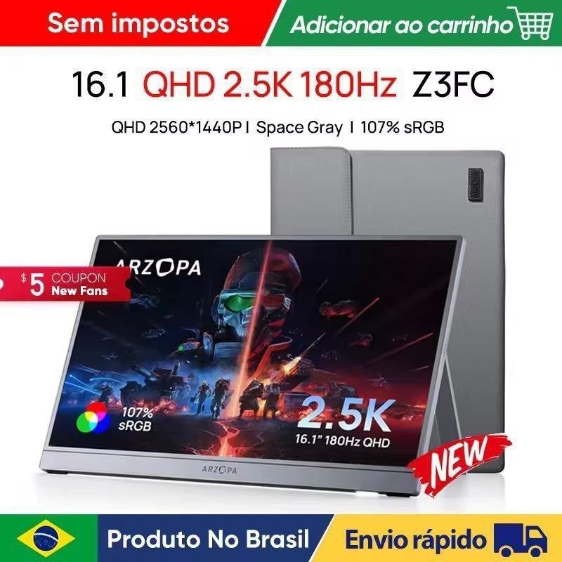 Monitor Portátil Arzopa 16.1" 2.5K - QHD, IPS, 180Hz, 107% sRGB, 1000:1, Alto-falante, Com case para transporte 🖥️🛒