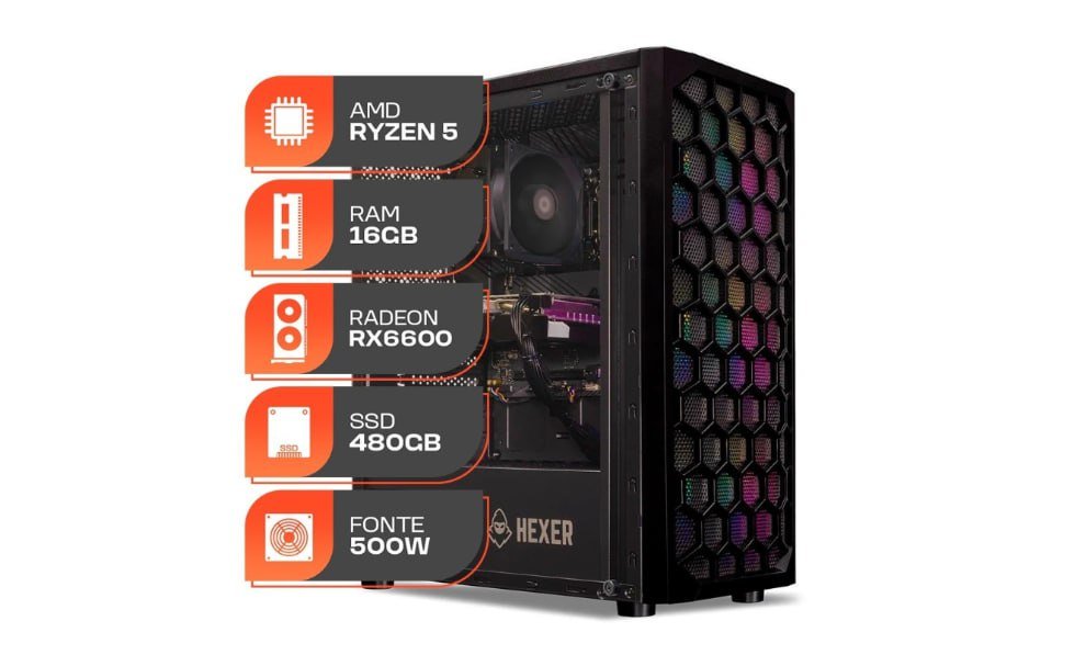 PC Gamer Spectrum, AMD Ryzen 5 5500, Radeon RX 6600 8GB, 16GB DDR4, SSD 480GB, Fonte 500W 80 Plus 🖥️🎮