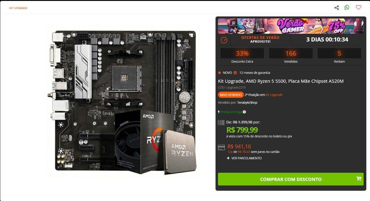 Kit Upgrade AMD Ryzen 5 5500 Placa Mãe Chipset A520M 🛒