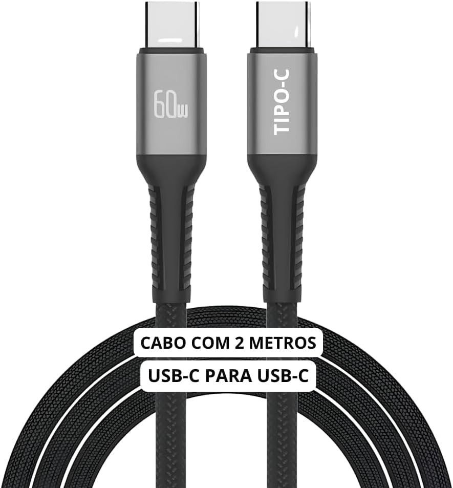 Cabo USB-C 2 metros Tipo C Turbo 60W Ultra Rápido Nylon Trançado e Reforçado para Android, iPhone, Notebook e Tablet 🎮🔌