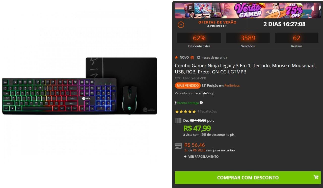 Combo Gamer Ninja Legacy 3 Em 1 Teclado, Mouse e Mousepad USB RGB 🖱️🎮