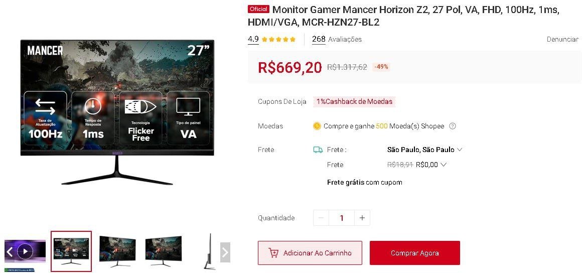 Monitor Gamer Mancer Horizon Z2 • 27” • VA • Full HD • 100Hz • 1ms • HDMI/VGA 🖥🖱️