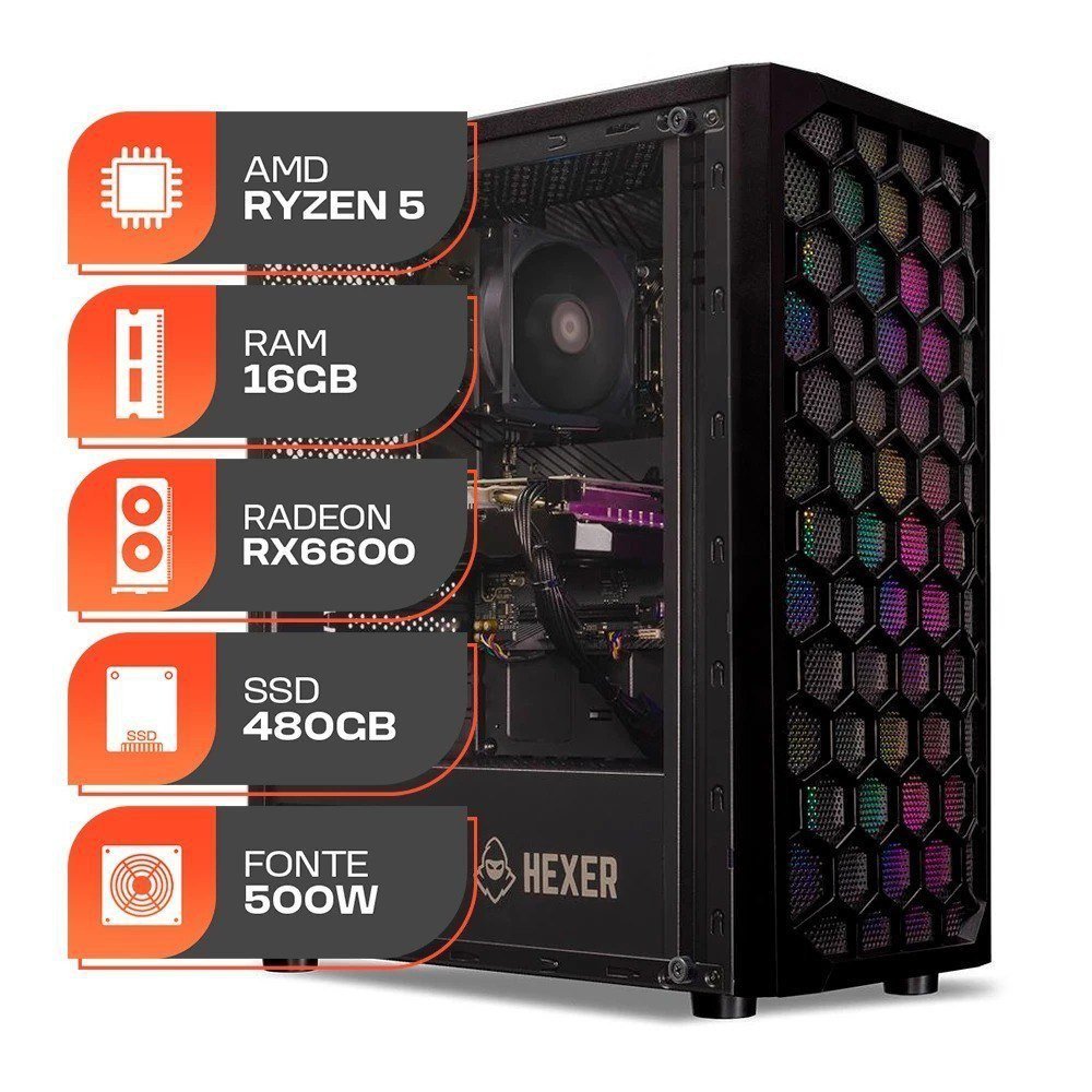 PC Gamer Spectrum, AMD Ryzen 5 5500, Radeon RX 6600 8GB, 16GB DDR4, SSD 480GB, Fonte 500W 80 Plus 🖥️🎮