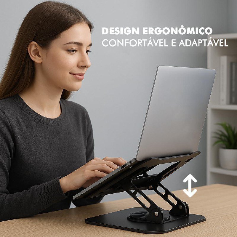 Suporte para Notebook de até 17” em Aço Carbono, Ajustável, Dobrável, Base Giratória 360° e Ventilação, Ergonômico e Portátil para Home Office e escritório, também para tablets e celulares (Branco) 💻