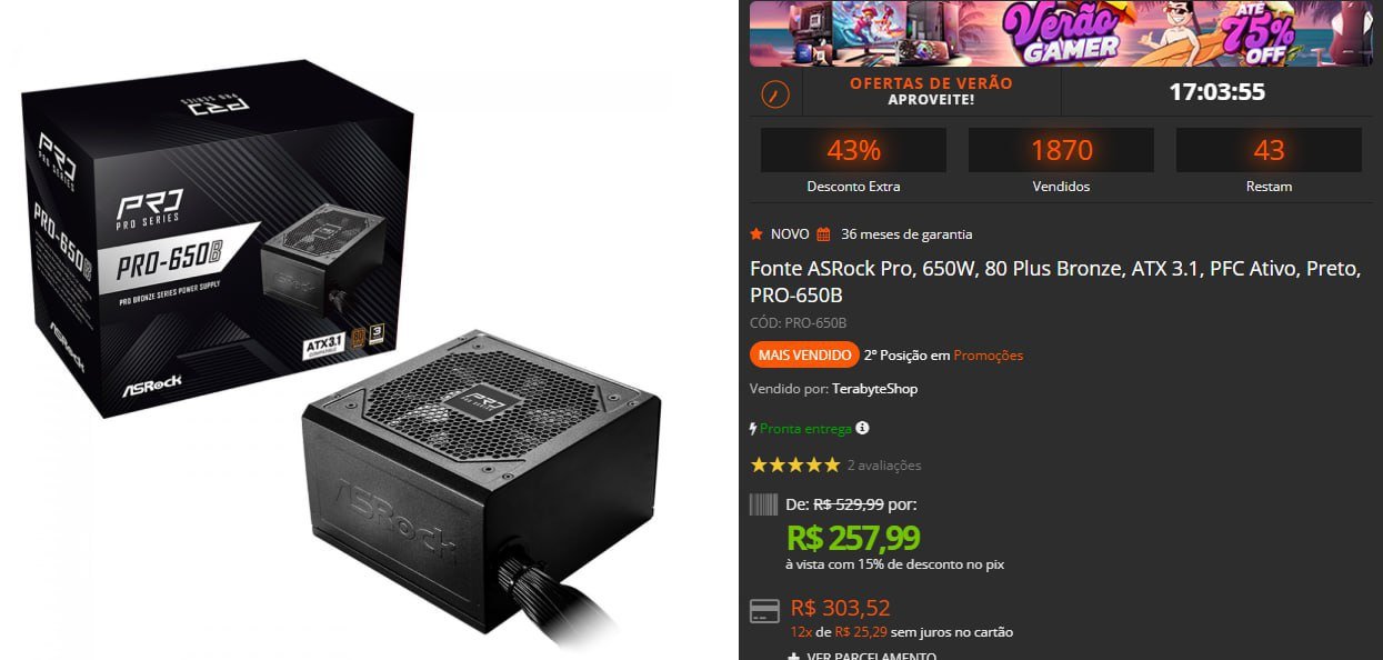 Fonte ASRock Pro 650W 80 Plus Bronze ATX 3.1 PFC Ativo Preto PRO-650B ⚡🖥️