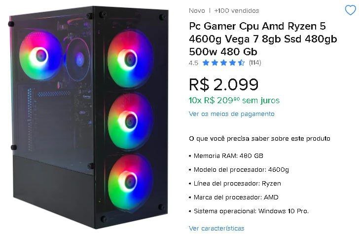 PC Gamer Ryzen 5 4600G — Vega 7 • 8GB RAM • SSD 480GB • Fonte 500W 🖥️🎮