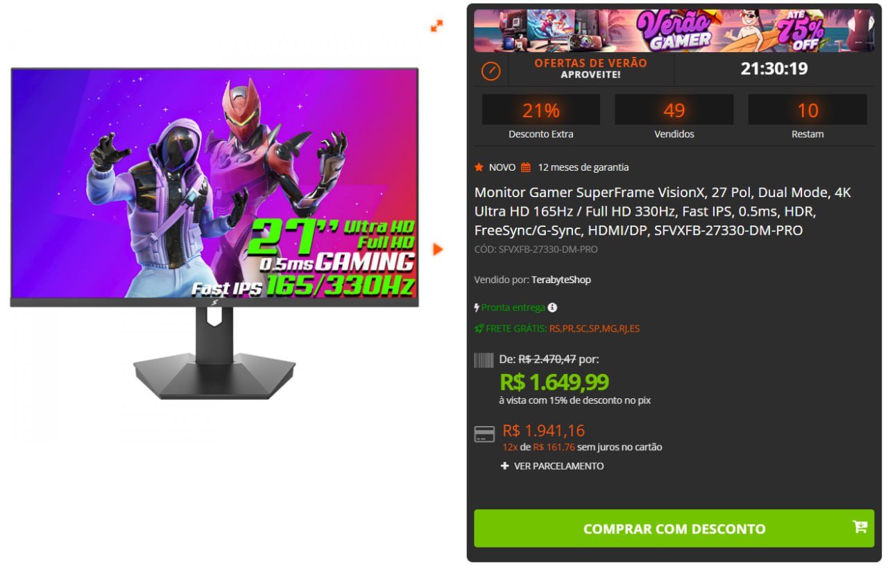 Monitor Gamer SuperFrame VisionX, 27 Pol, Dual Mode, 4K Ultra HD 165Hz / Full HD 330Hz, Fast IPS, 0.5ms 🖥️🎮