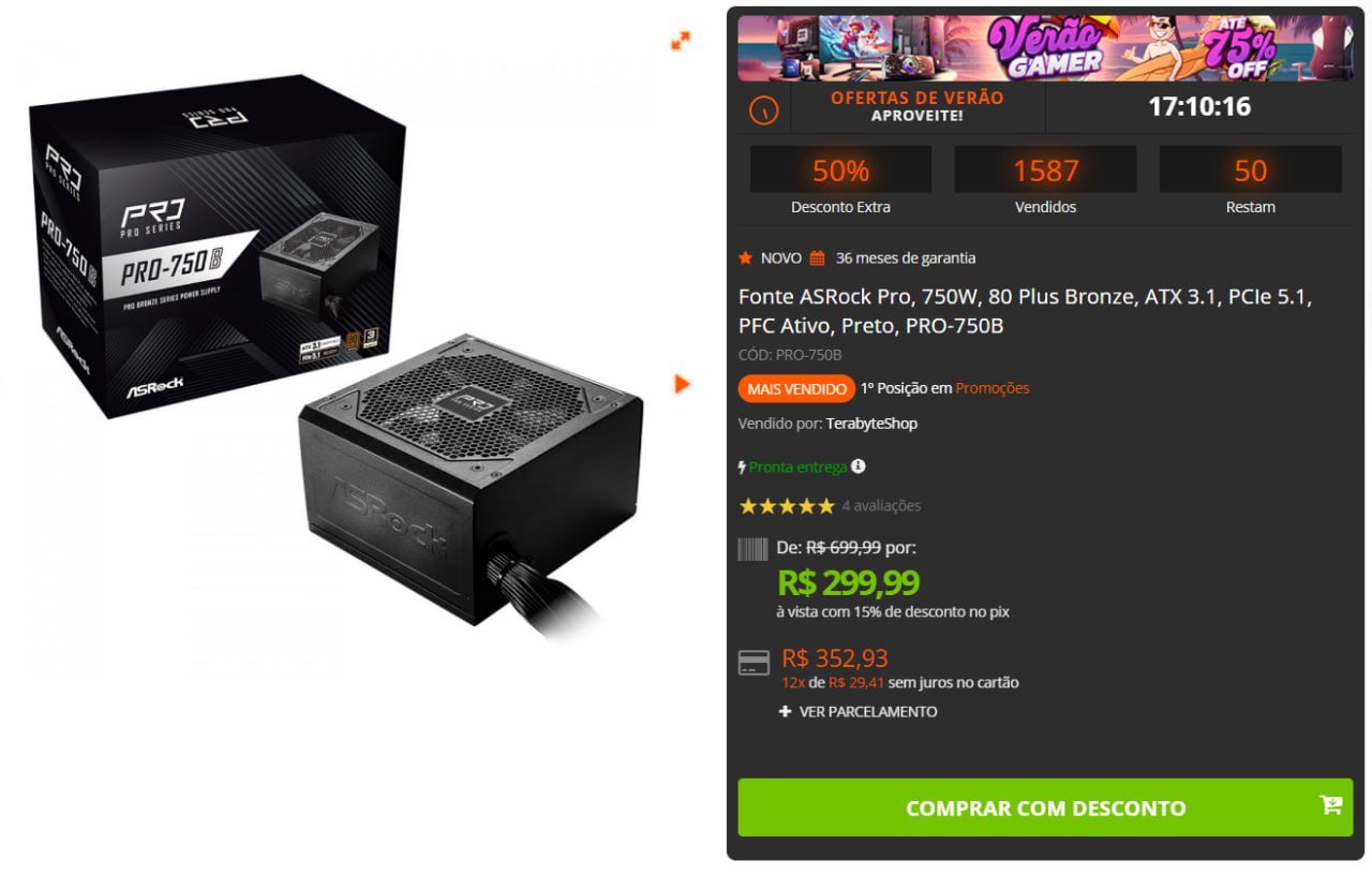 Fonte ASRock Pro 750W 80 Plus Bronze ATX 3.1 PCIe 5.1 PFC Ativo Preto PRO-750B 🔌⚡