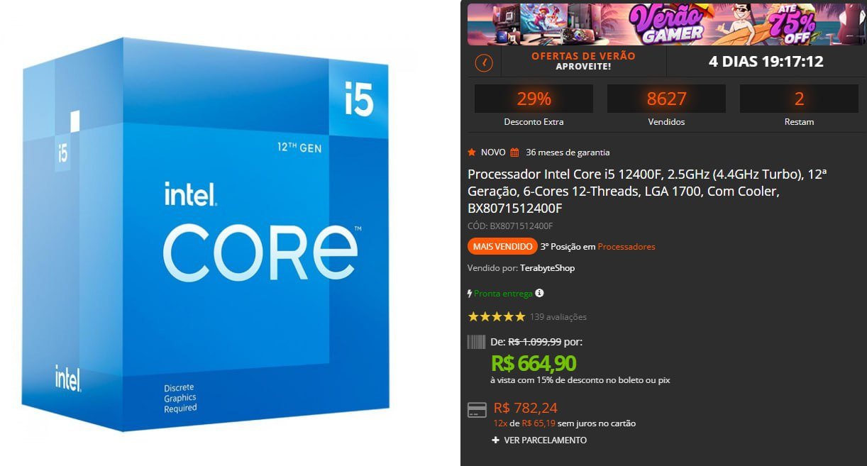 Processador Intel Core i5 12400F, 2.5GHz (4.4GHz Turbo), 12ª Geração 💻⚙️