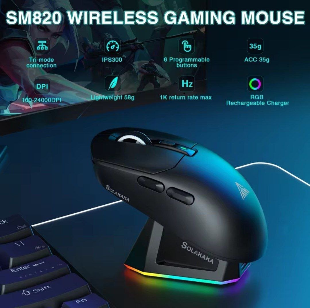 Mouse Solakaka Tri Mode Sensor PAW3311 Com Dock De Carregamento 🔥🖱️