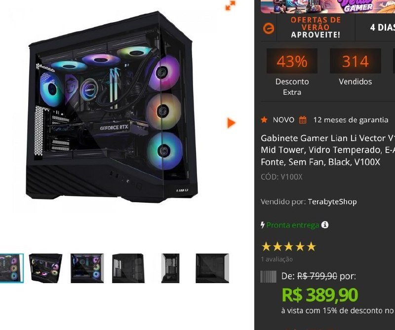 Gabinete Gamer Lian Li Vector V100, RGB, Mid Tower, Vidro Temperado, E-ATX, Sem Fonte, Sem Fan, Black, V100X 🖥️