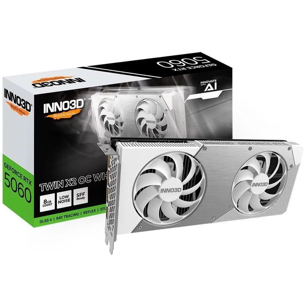 Placa de Vídeo Inno3D RTX 5060 Twin X2 OC White NVIDIA Geforce, 8GB GDDR7, 2527MHz, 128bits, DLSS 4, Ray Tracing - N50602-08D7X-195070W 🖥️🎮