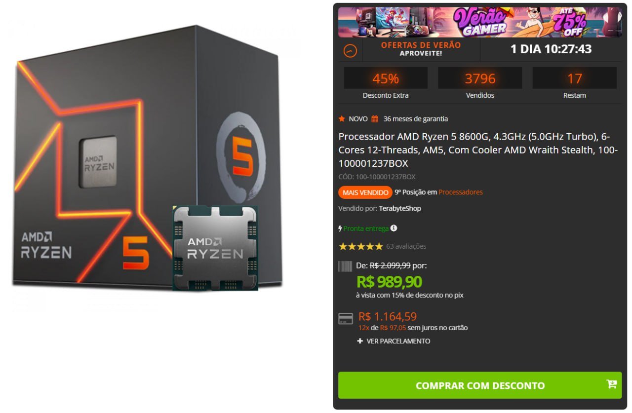 Processador AMD Ryzen 5 8600G, 4.3GHz (5.0GHz Turbo), 6-Cores 12-Threads, AM5, Com Cooler AMD Wraith Stealth 🔥💻