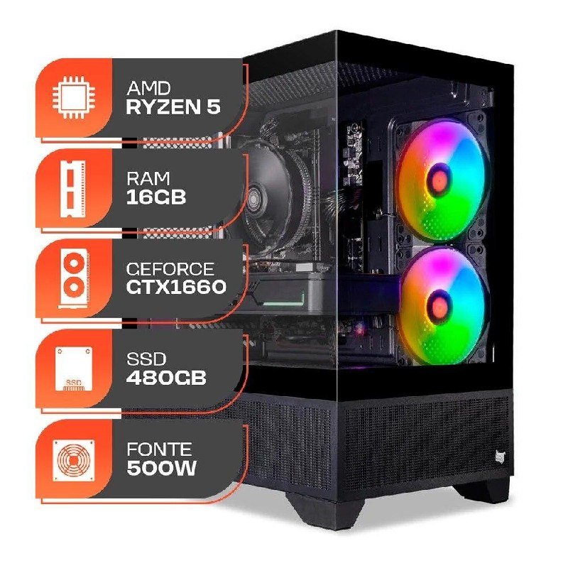 PC Gamer Spectrum, AMD RYZEN 5 5500, GeForce GTX 1660 Super 6GB, 16GB DDR4, SSD 480GB, Fonte 500W 80 Plus 🖥️🎮