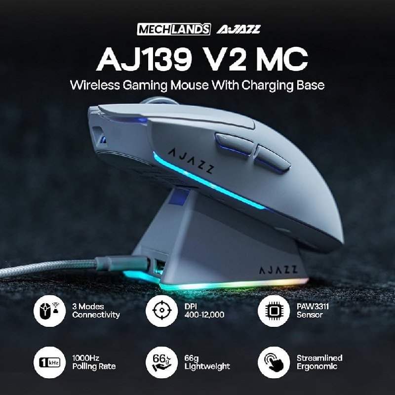 Mouse Sem Fio Com Dock Ajazz AJ139 V2 Series PAW 3311 500mAh Micro Switch Huano Tri Mode 🎮🖱️