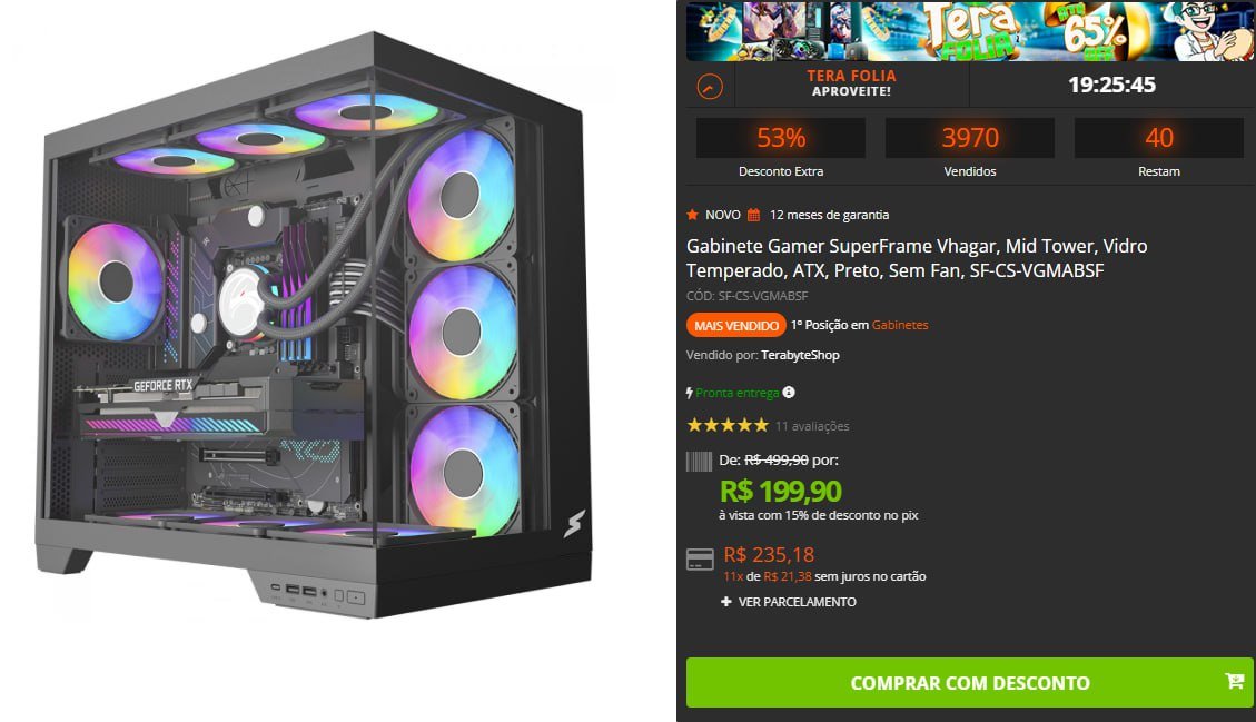 Gabinete Gamer SuperFrame Vhagar, Mid Tower, Vidro Temperado, ATX, Preto, Sem Fan 🖥️🛒