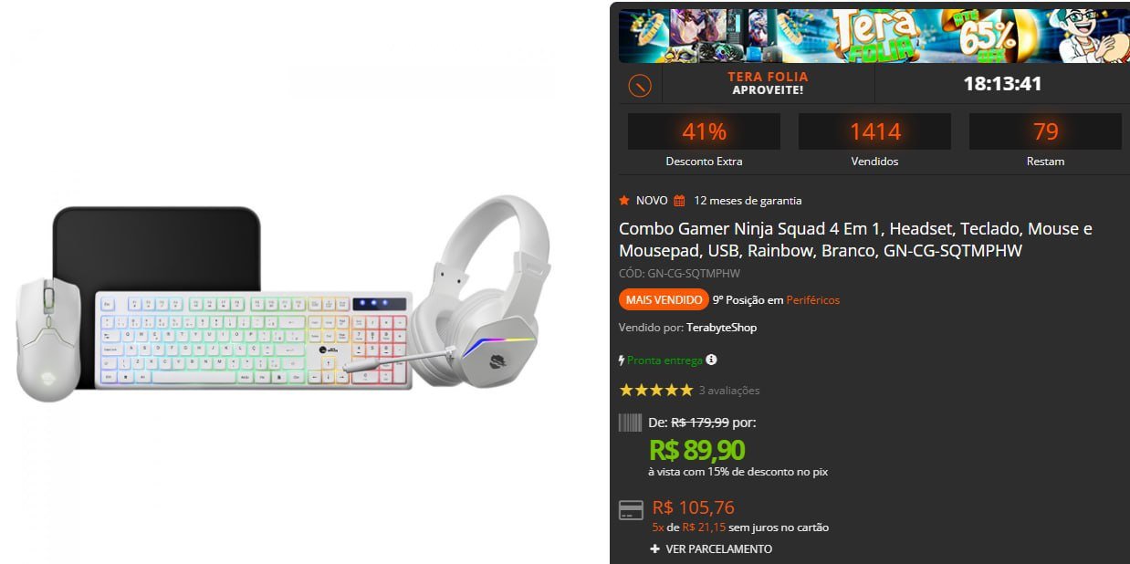 Combo Gamer Ninja Squad 4 Em 1, Headset, Teclado, Mouse e Mousepad, USB, Rainbow, Branco, GN-CG-SQTMPHW 🖱️🎧⌨️