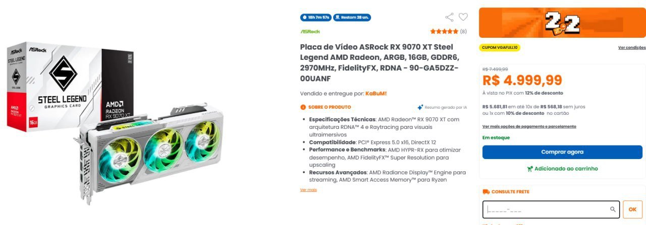 Placa de Vídeo ASRock RX 9070 XT Steel Legend AMD Radeon, ARGB, 16GB 🖥️🎮