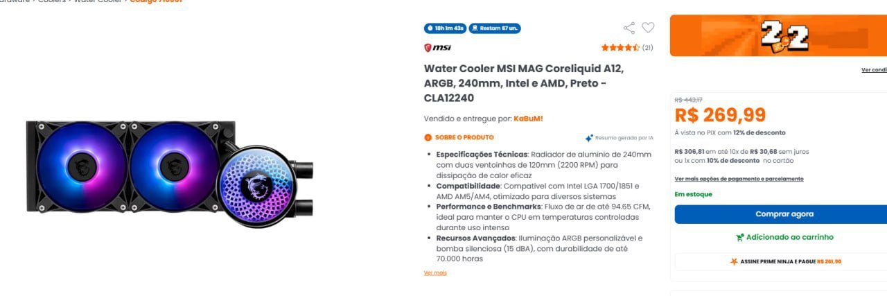 Water Cooler MSI MAG Coreliquid A12, ARGB, 240mm, Intel e AMD, Preto - CLA12240 🧊💻