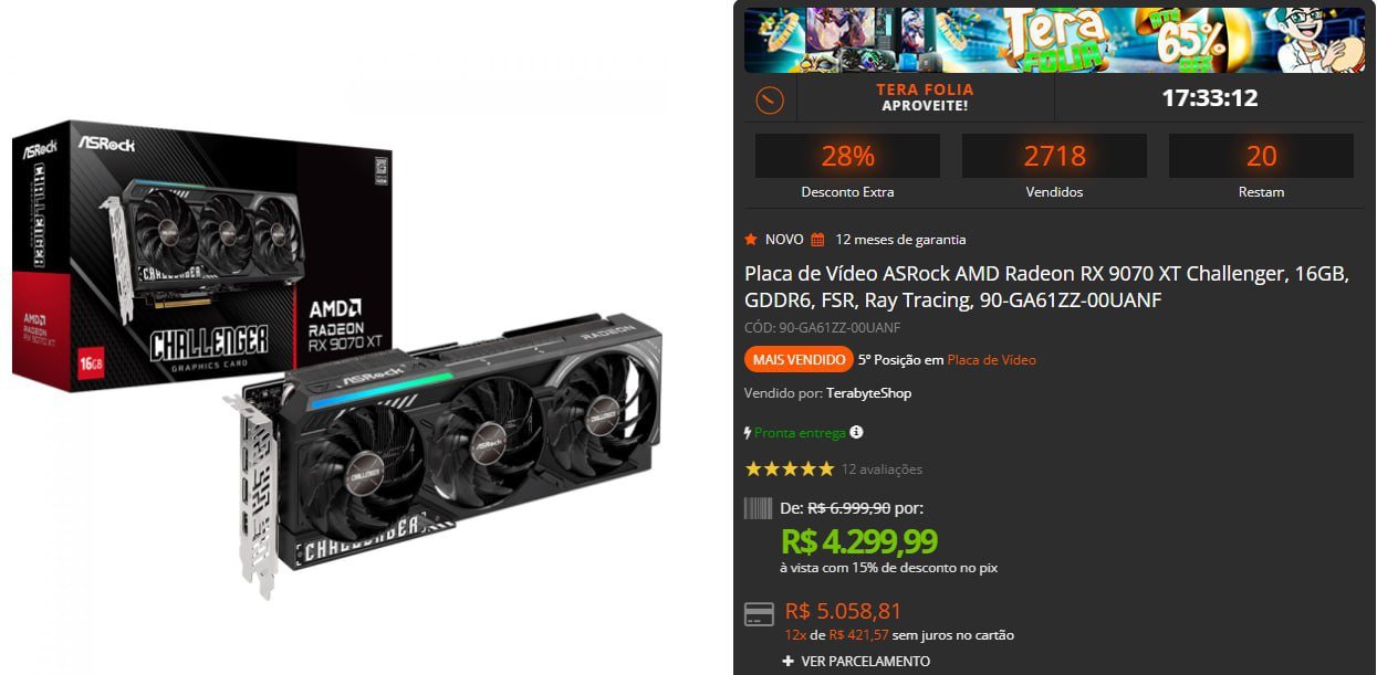 Placa de Vídeo ASRock AMD Radeon RX 9070 XT Challenger, 16GB 🖥️🎮