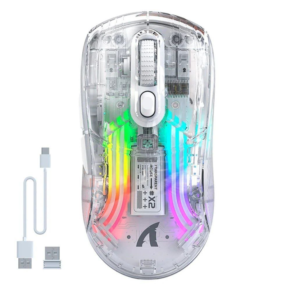 Mouse Gamer sem Fio Attack Shark X2 Transparente, Tri-Mode, RGB, 2400 DPI, Sensor PixArt 3212 - Branco 🖱️🎮
