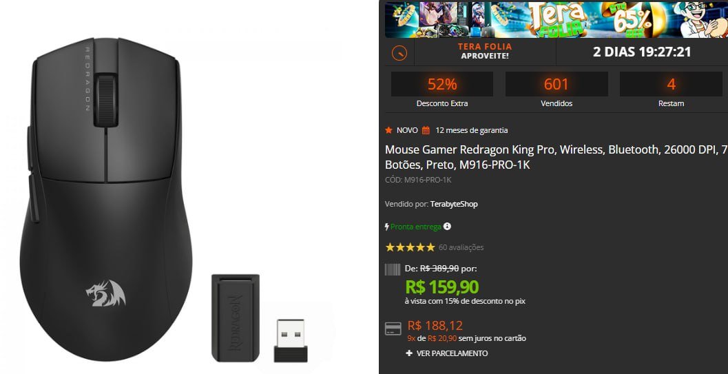 Mouse Gamer Redragon King Pro, Wireless, Bluetooth, 26000 DPI, 7 Botões, Preto, M916-PRO-1K 🖱️🎮