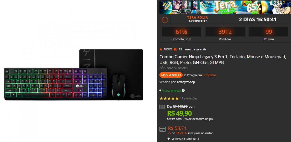 Combo Gamer Ninja Legacy 3 Em 1, Teclado, Mouse e Mousepad, USB, RGB, Preto 🖱️🎮