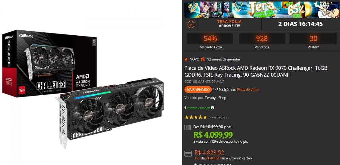 Placa de Vídeo ASRock AMD Radeon RX 9070 Challenger, 16GB, GDDR6 🖥️🎮