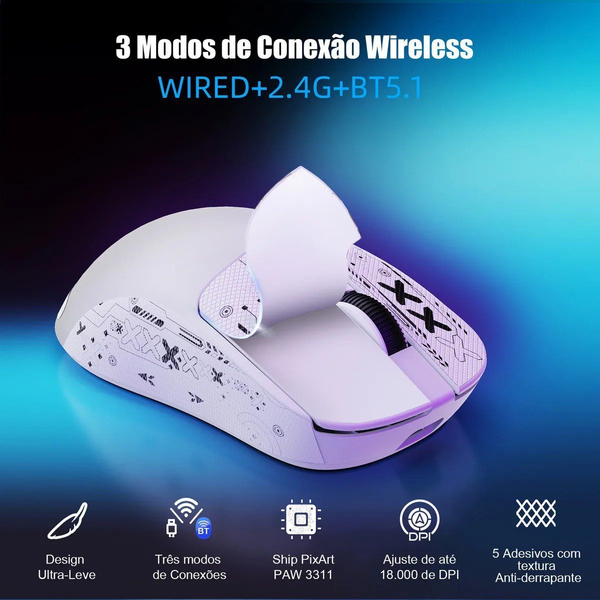 Mouse Gamer Sem Fio Fire Phoenix BK-R1X Branco 18000 DPI Bluetooth paw 3311 🔥🔥