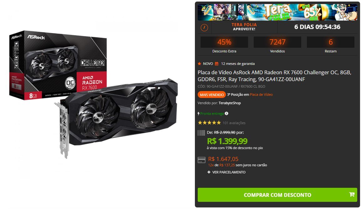 Placa de Vídeo AsRock AMD Radeon RX 7600 Challenger OC, 8GB, GDDR6, FSR, Ray Tracing 🖥️🎮