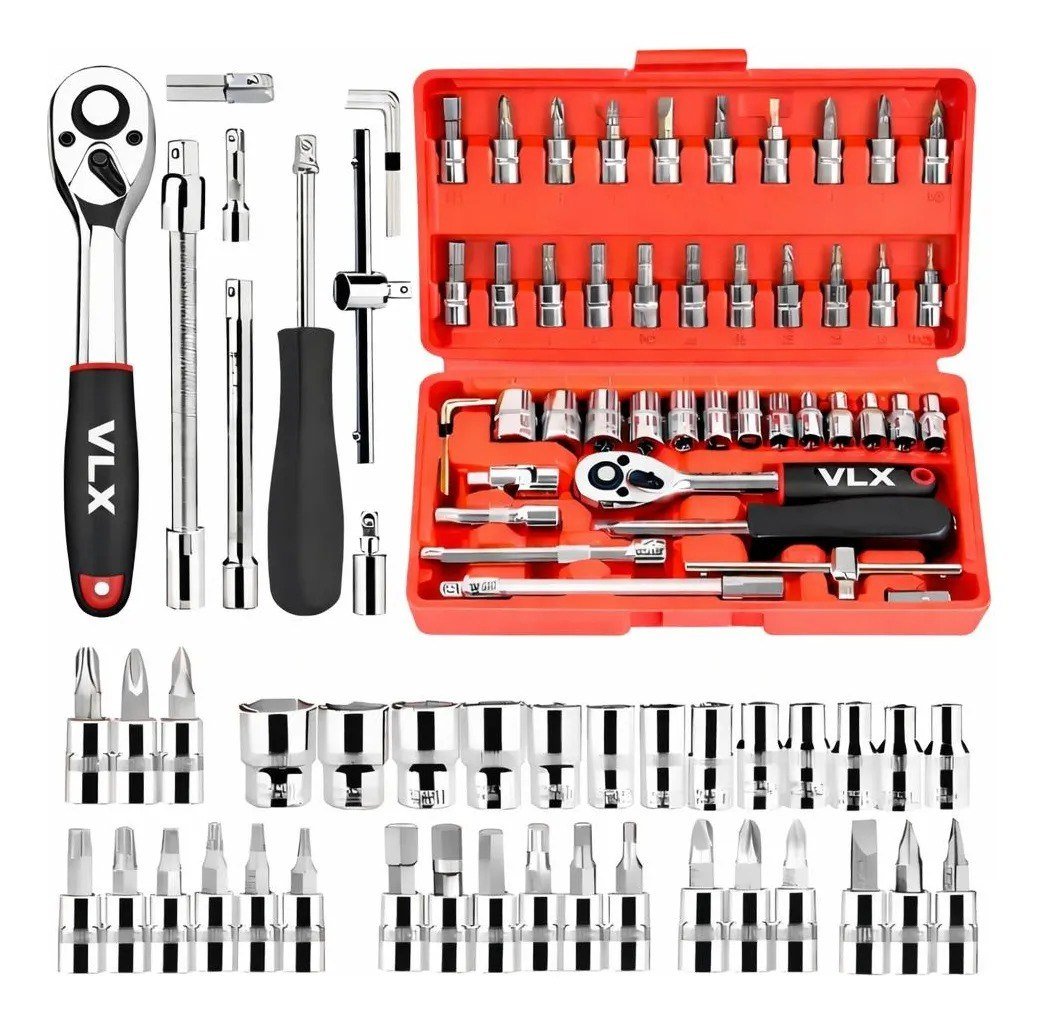 Kit Chaves Ferramentas Jogo Fenda Philips Catraca Soquete Allen 46 Peças com Maleta Completa Manual Ideal Mecânico Manutenção Casa Carro Profissional Resistente Portátil Compacto Marca VLX 🛠️