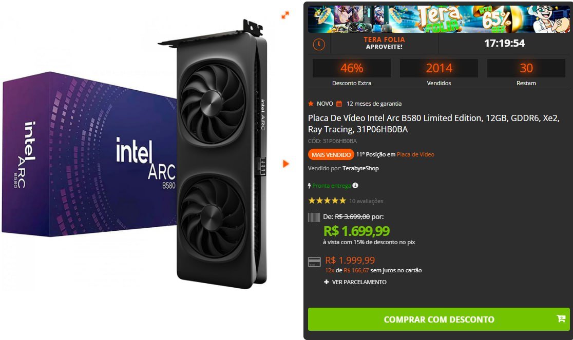 Placa De Vídeo Intel Arc B580 Limited Edition, 12GB, GDDR6, Xe2, Ray Tracing, 31P06HB0BA 🖥️🎮