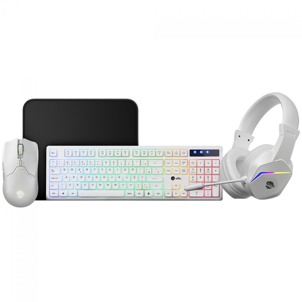 Combo Gamer Ninja Squad 4 Em 1, Headset, Teclado, Mouse e Mousepad, USB, Rainbow, Branco 🖱️🎧⌨️